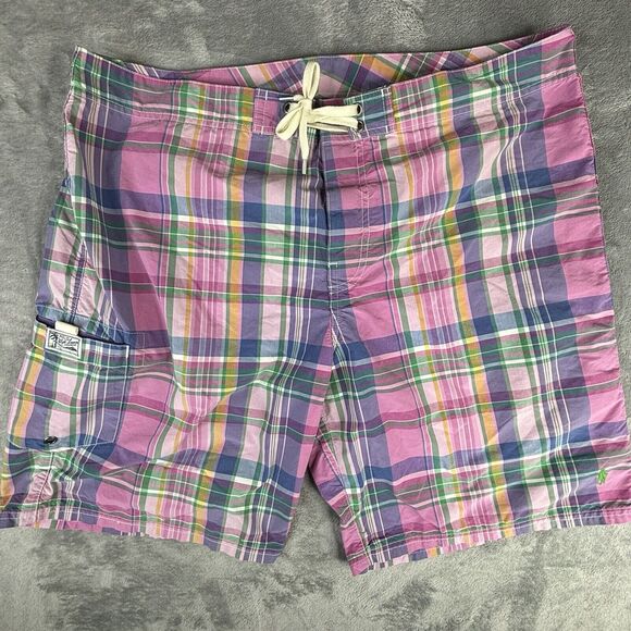 Polo Ralph Lauren Board Shorts‎ Mens 38 Pink Plaid Drawstring Preppy Green Pony - Picture 1 of 16